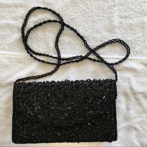 Rectangular black beaded evening bag wbeaded strap